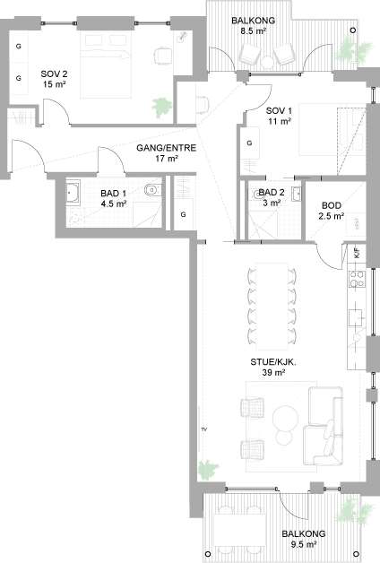 Alternativ planløsning: 3-roms leilighet, mot ekstra kostnad
